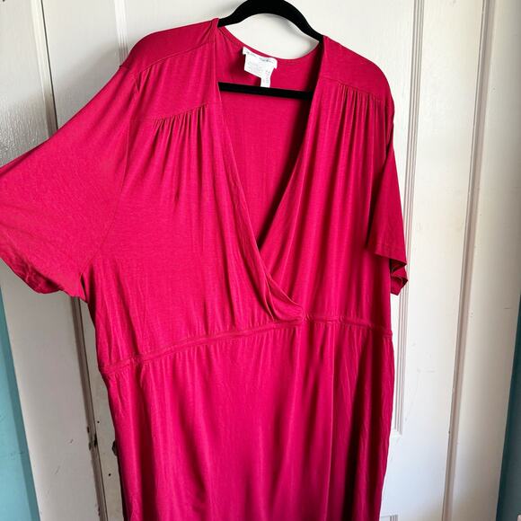 Ulla Popken Red Knit Rayon Blend Relaxed Fit Faux Wrap Dress Size 24/26 Career - Picture 9 of 11